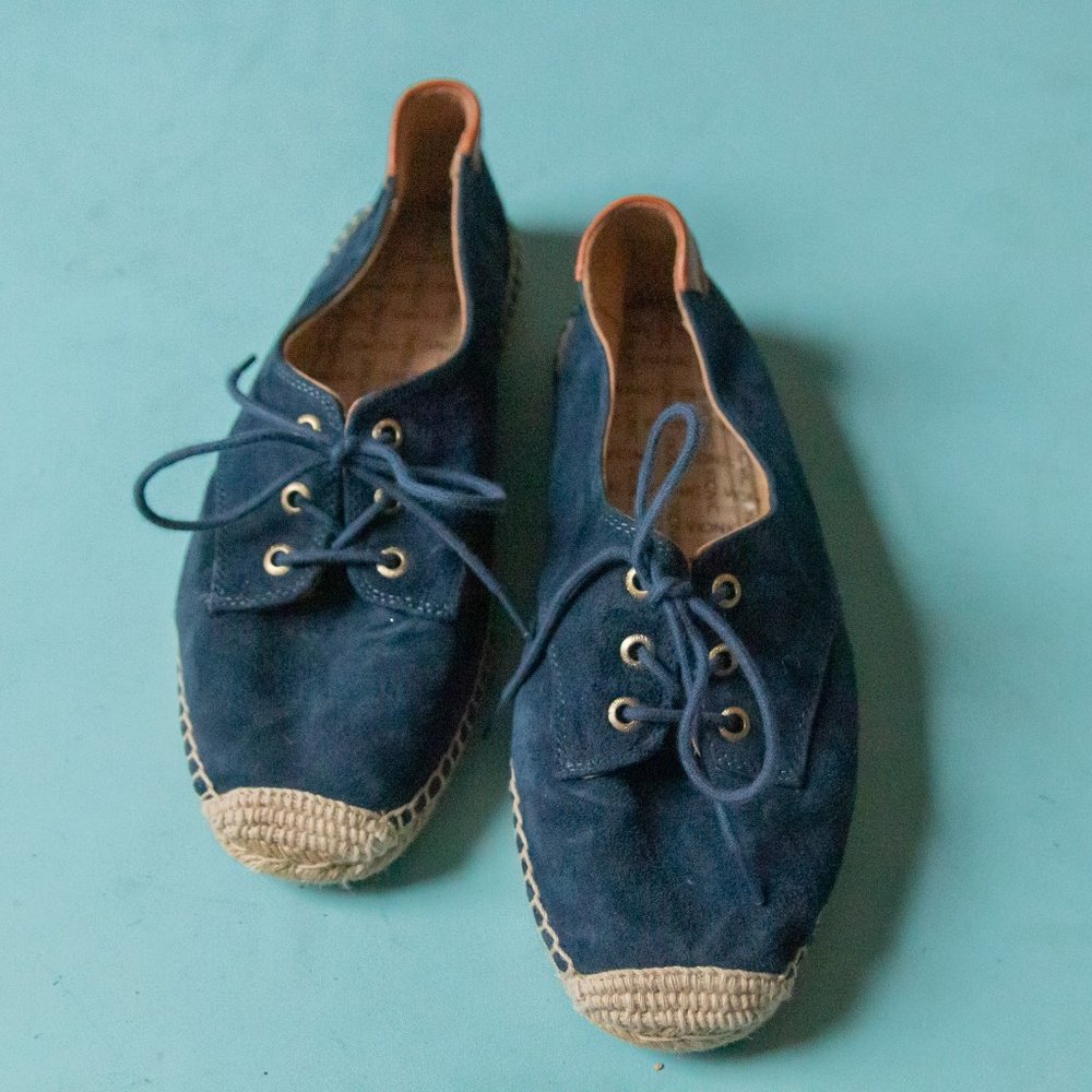 Vionic Rayne Navy Blue Genuine Leather Lace Up Espadrille Flats Sz 8.5